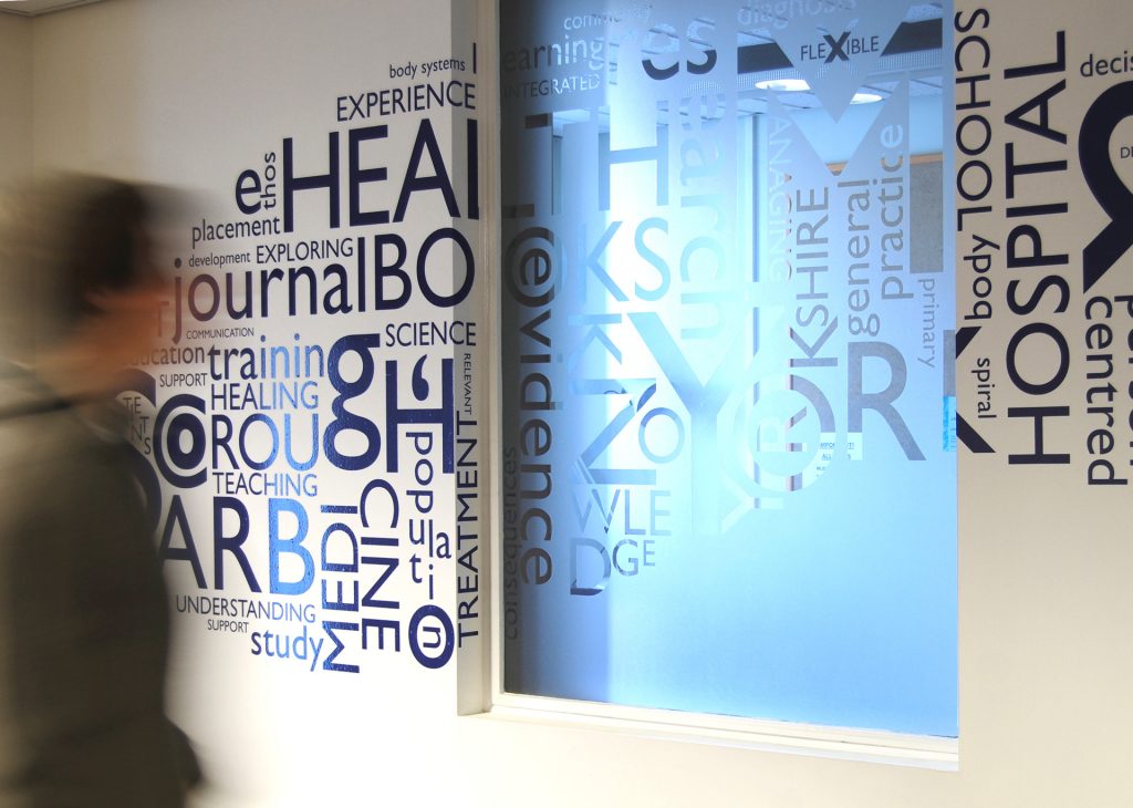 wall of words at hull & york medical school.
[hull & york medical school / york NHS hospital arts]