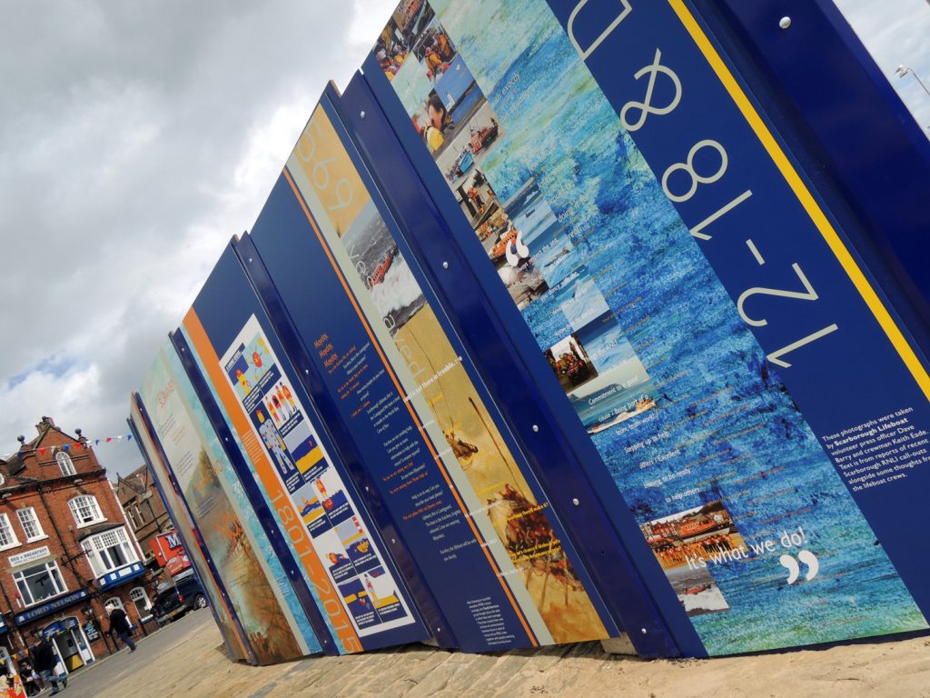 panels created with local young people working with RNLI education team.
contemporary rescue accounts and lifeboat paintings in the scarborough musieums trust collection were used to inspire stories on which to base the artworks.
[scarborough museums trust / RNLI]