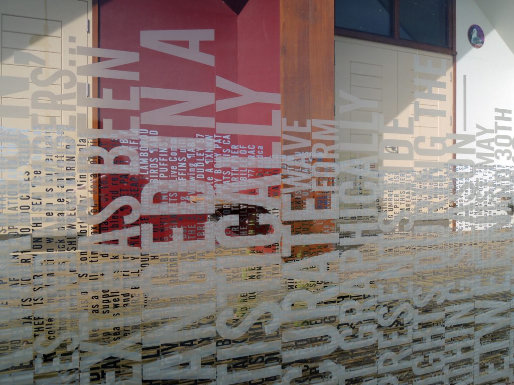 detail of etched and mirrored type on toughened glass. source text from the harbour arranged according to tidal patterns.
collaboration with artist rachel welford on her bridlington seafront commission.
[yorkshire water]