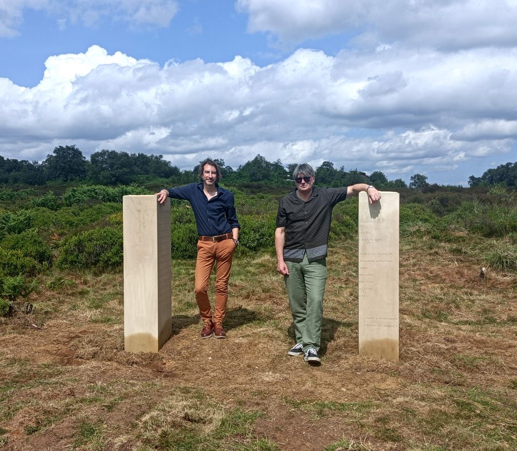 artist adrian riley and poet laureate simon armitage with 'balancing act'